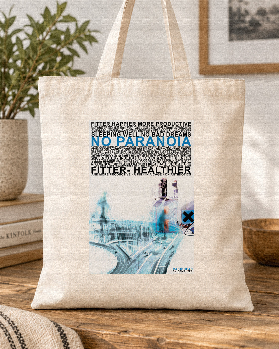 RADIOHEAD - FITTER HAPPIER - Symbios Design Tote Bag